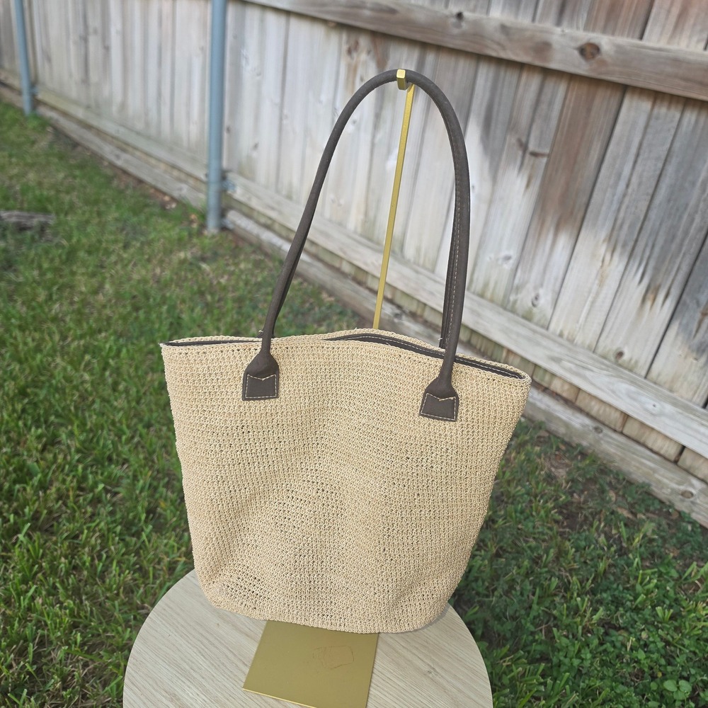 Frankie & Johnnie Tan Woven Straw Tote Bag Brown Straps Summer Beach Bag